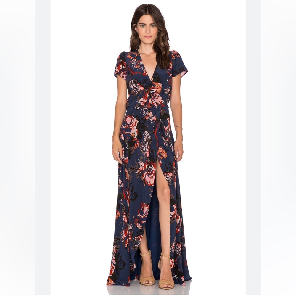 Helena Quinn Claire Maxi Wrap Dress in Navy Rose Print